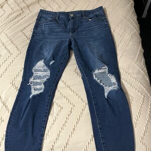 American Eagle Outfitters Dark Blue Distressed Straight Leg Jeans